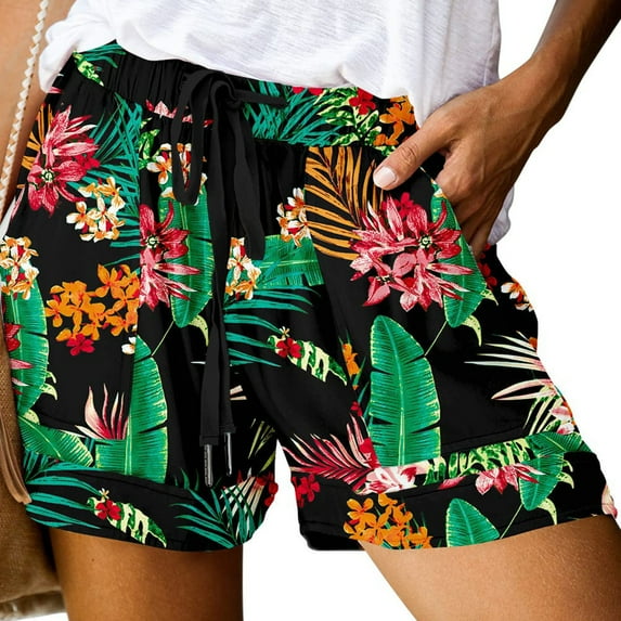 FloHua Workout Shorts Women Green Womens Shorts Casual Print with Pockets Elastic Waist Drawstring Wide Leg Shorts Womens Plus Size Comfy Loose Shorts