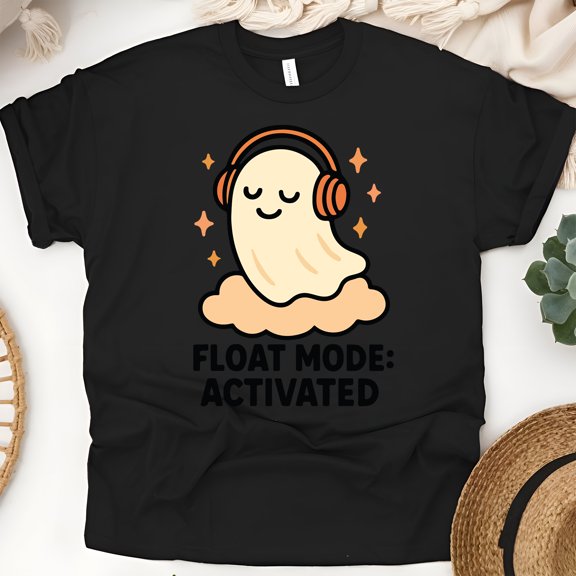 Float Mode Activated Graphic Tee Funny Ghost Headphones Shirt, Black, Size 2XL