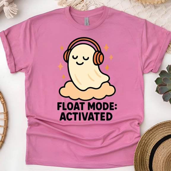 Float Mode Activated Graphic Tee Funny Ghost Headphones Shirt, Heliconia, Size 2XL