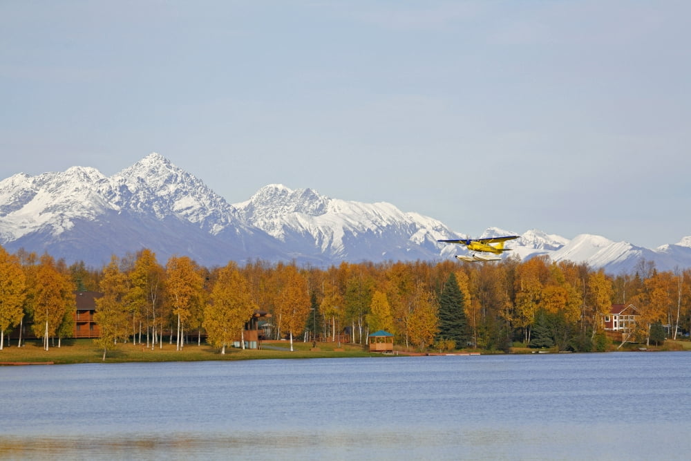 Float Plane Taking Off From Lake Lucille In Wasilla Sc Alaska Canvas Art - Calvin Hall Design Pics (17 x 11)