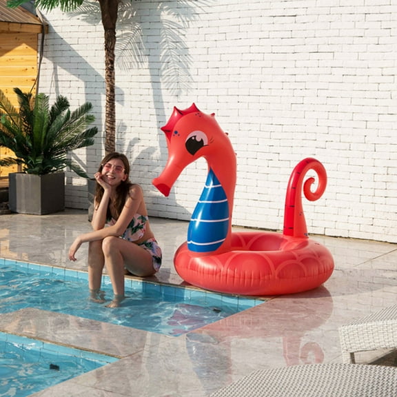 UEETEK Swim Pool Float Sea Horse Shape PVC Swimming Ring Red 1Set
