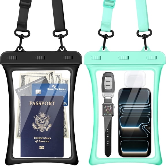 [Floatable Floating Universal IPX8 Phone case 2 Pack-Up to 10.0",Adjustable Lanyard Phone Pouch,Cellphone Dry Bags for Vacation Beach Pool Kayak Cruise Travel Essentials(Black+Green)