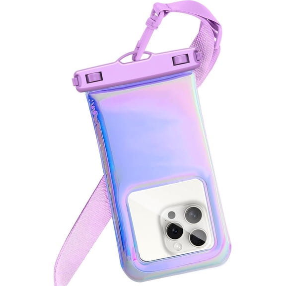 Floatable Waterproof Phone Pouch Case for iPhone 17 16 Pro Max/15/14/13/12, IP68 Travel Cellphone Dry Bag Beach Cruise Ship Essentials Bags with Crossbody Lanyard, Iridescent Purple - 7″