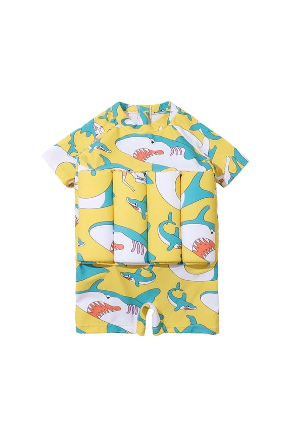 Floatation Swimsuit Buoyancy Float Suit One Piece Floating Swimwear For Boys Short Sleeve Cute Print Bathing Suit Yellow 5-6 Years