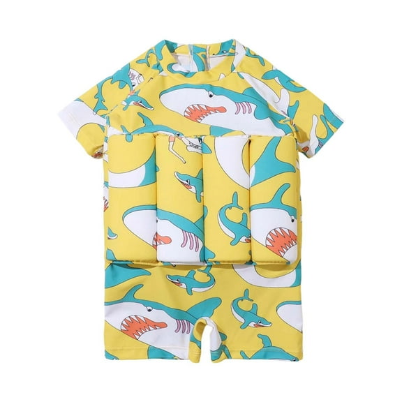 Floatation Swimsuit Buoyancy Float Suit One Piece Floating Swimwear For Boys Short Sleeve Cute Print Bathing Suit Yellow 5-6 Years