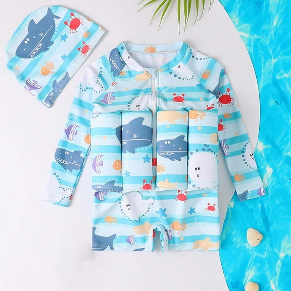 Floatation Swimsuit With Removable Buoyancy Learning Swimming Training Suit Swim Vest One Piece For Boys Long Sleeve Cartoon Print Bathing Suit Blue 5-6 Years