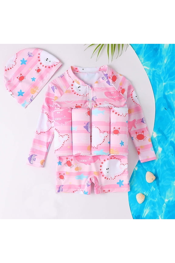 Floatation Swimsuit With Removable Buoyancy Learning Swimming Training Suit Swim Vest One Piece For Boys Long Sleeve Cartoon Print Bathing Suit Pink 3-4 Years