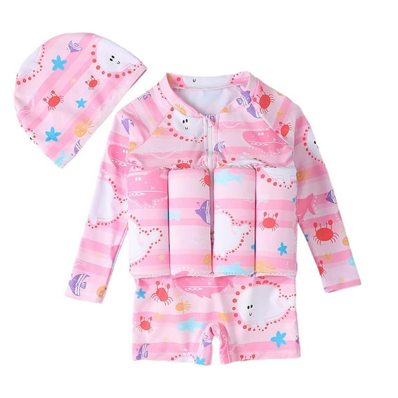 Floatation Swimsuit With Removable Buoyancy Learning Swimming Training Suit Swim Vest One Piece For Boys Long Sleeve Cartoon Print Bathing Suit Pink 5-6 Years