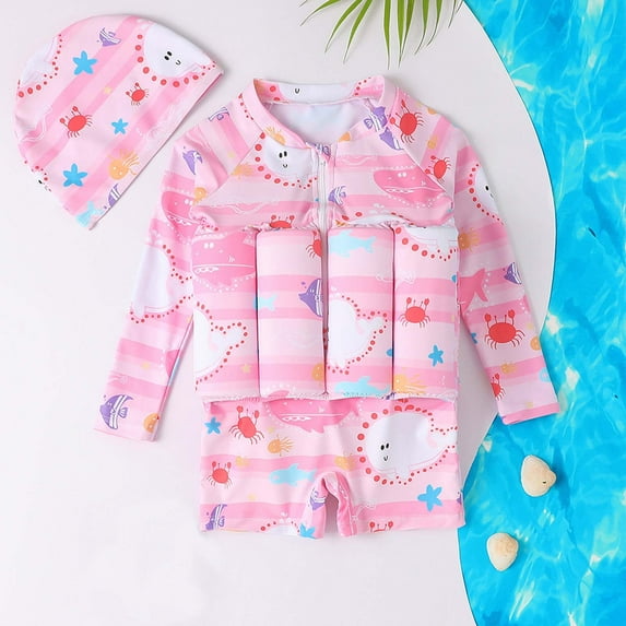 Floatation Swimsuit With Removable Buoyancy Learning Swimming Training Suit Swim Vest One Piece For Boys Long Sleeve Cartoon Print Bathing Suit Pink 5-6 Years