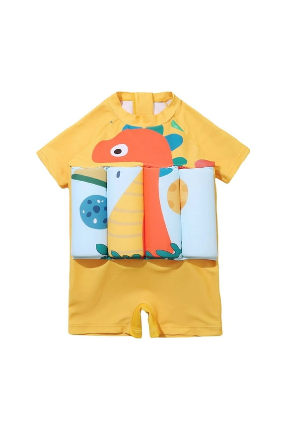 Floatation Swimsuit With Adjustable Buoyancy Baby Float Suit Swim Vest For Boys Short Sleeve Cartoon Print Swimwear Bathing Suit Yellow 12-18 Months