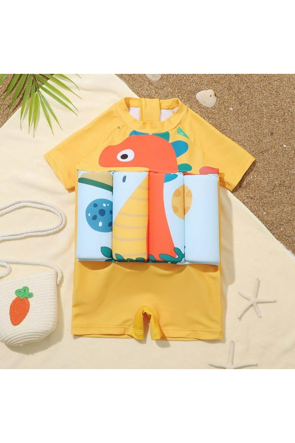 Floatation Swimsuit With Adjustable Buoyancy Baby Float Suit Swim Vest For Boys Short Sleeve Cartoon Print Swimwear Bathing Suit Yellow 18-24 Months