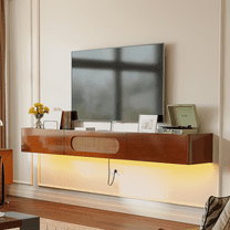 FloatiCasa 47" Fully Assembled Floating TV Stand Wall Mounted Floating Media Console with 2 Drawers and Rattan Door High Gloss Real Wood Veneer Entertainment Center for TVs up to 50"