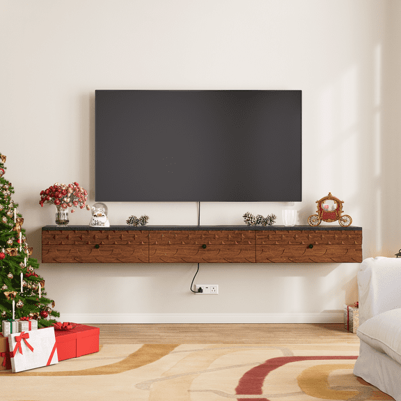 FloatiCasa 47-inch Floating TV Stand Wall Mounted Fully Assembled Media Console with Cable Management, for TVs up to 50", Carved Doors & 2 Drawers