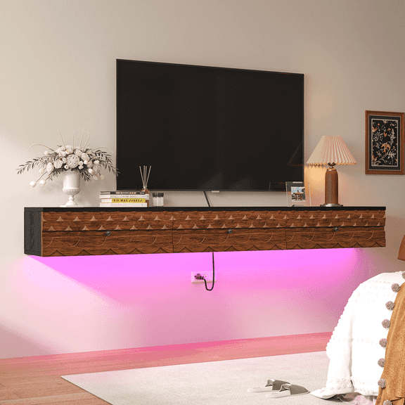 FloatiCasa 47-Inch Floating TV Stand Wall Mounted, Fully Assembled, Solid Wood Veneer, for TVs up to 50", Vintage Carved Doors