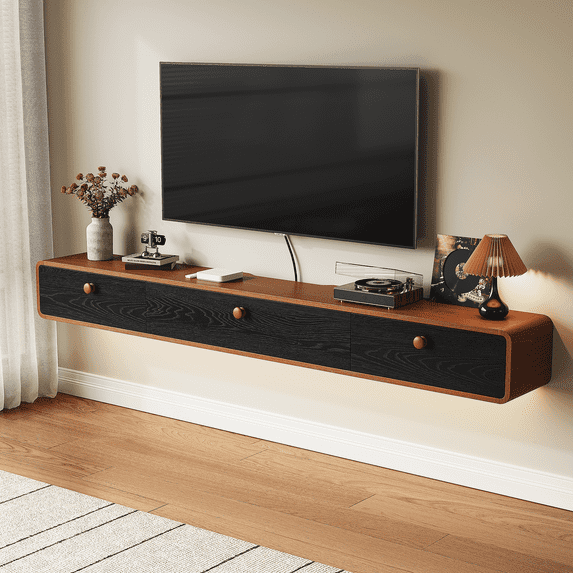 FloatiCasa 47-Inch Floating TV Stand, Wall Mounted Shelf, for TVs up to 50", Black Red Oak Veneer