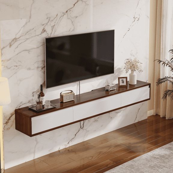 FloatiCasa 47-inch Wall-Mounted TV Stand with 3 Doors, Fully Assembled Floating Media Console for TVs up to 50", Walnut & White