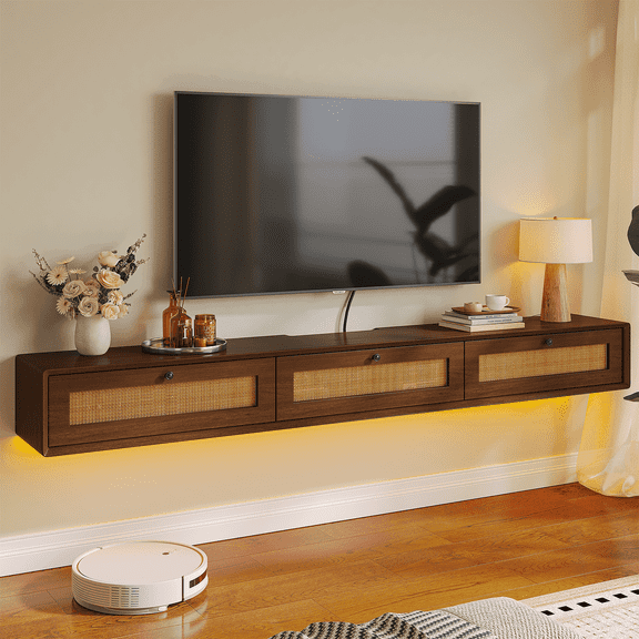 FloatiCasa 47inch Walnut-Color Rattan Fully Assembled Floating TV Stand for TVs up to 50" Wall-Mounted Entertainment Center