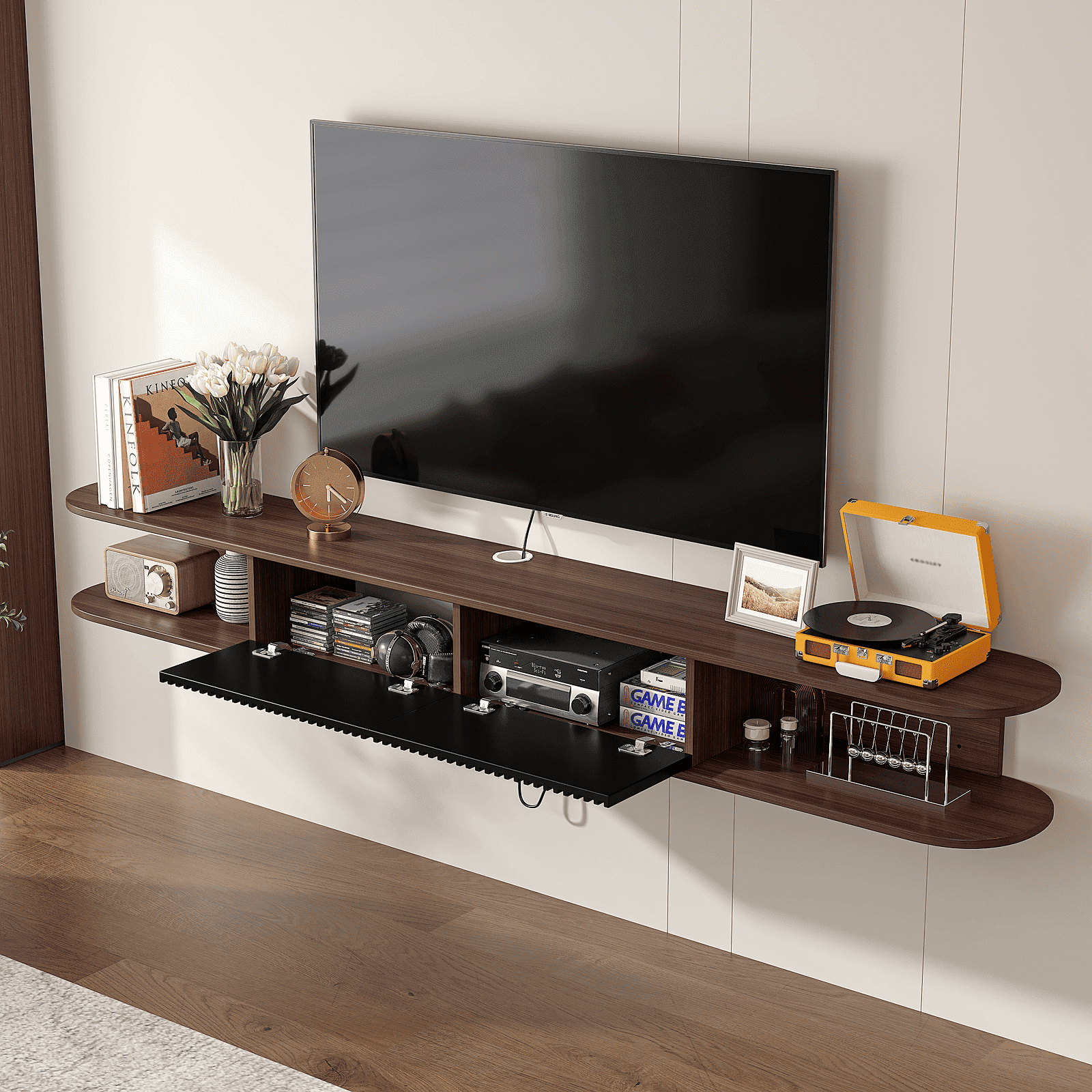 ​​FloatiCasa 55" Floating TV Stand Wall-Mounted Entertainment Center with 1 Door and Vertical Groove Design for TVs up to 60" for Living Room and Bedroom, Walnut​​ and Black