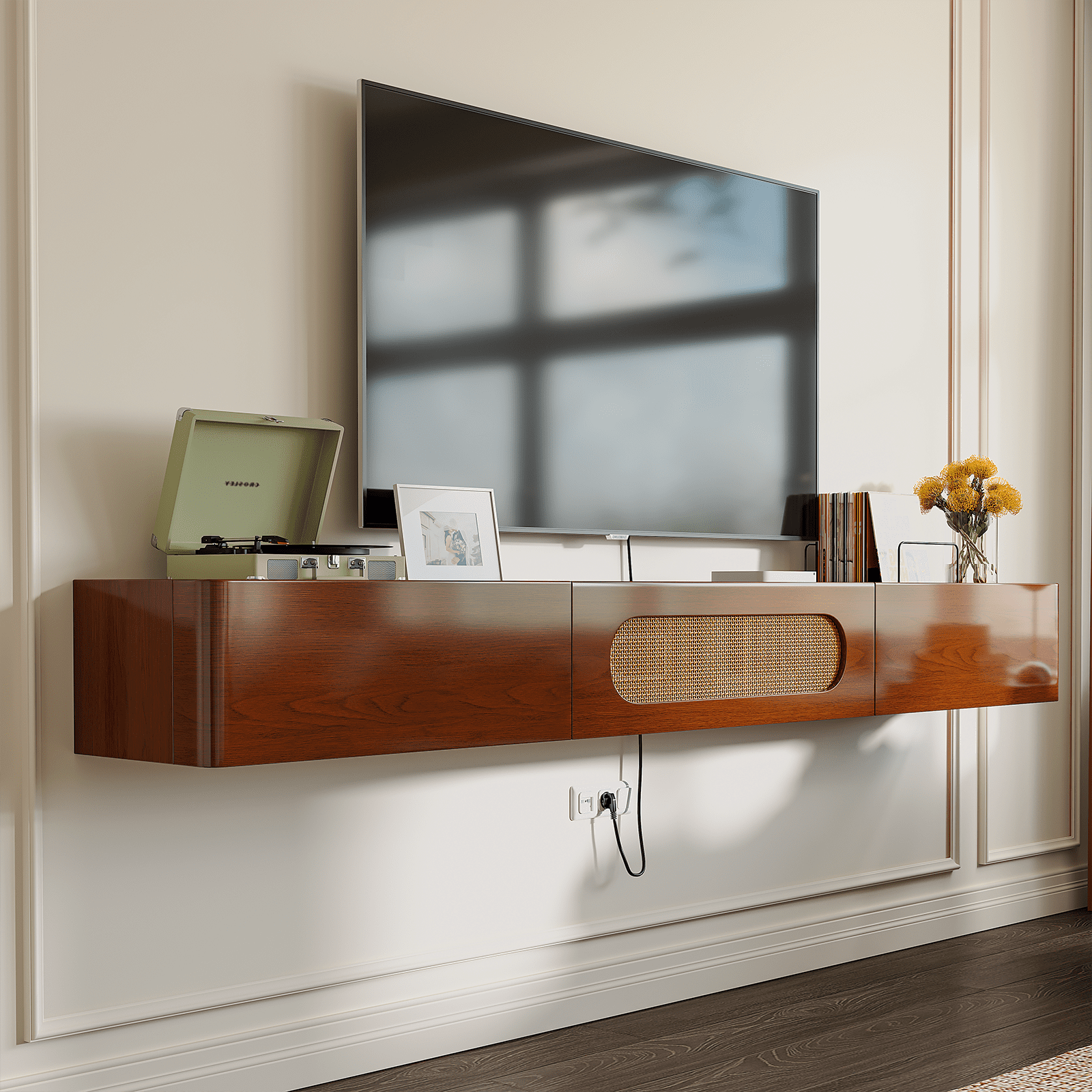 FloatiCasa 55" Fully Assembled Floating TV Stand Wall Mounted Floating Media Console with 2 Drawers and Rattan Door High Gloss Real Wood Veneer Entertainment Center for TVs up to 60"