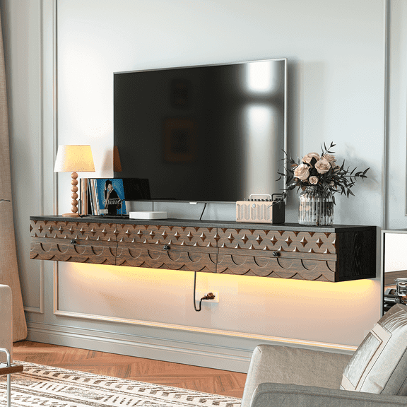 FloatiCasa 55-Inch Floating TV Stand Wall Mounted, Fully Assembled, Solid Wood Veneer, for TVs up to 60", Vintage Carved Doors