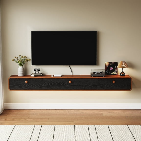 FloatiCasa 55-Inch Floating TV Stand, Wall Mounted Shelf, for TVs up to 60", Black Red Oak Veneer