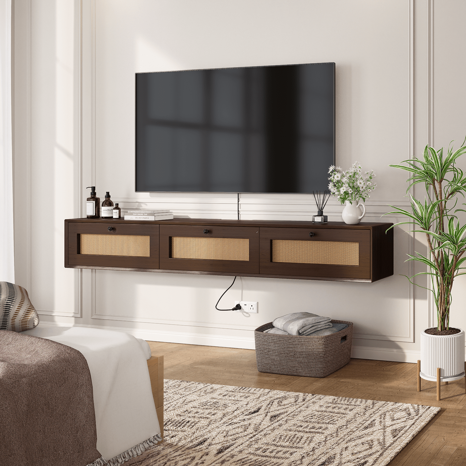FloatiCasa 55-inch Floating TV Stand with Rattan Doors, Fully Assembled ...