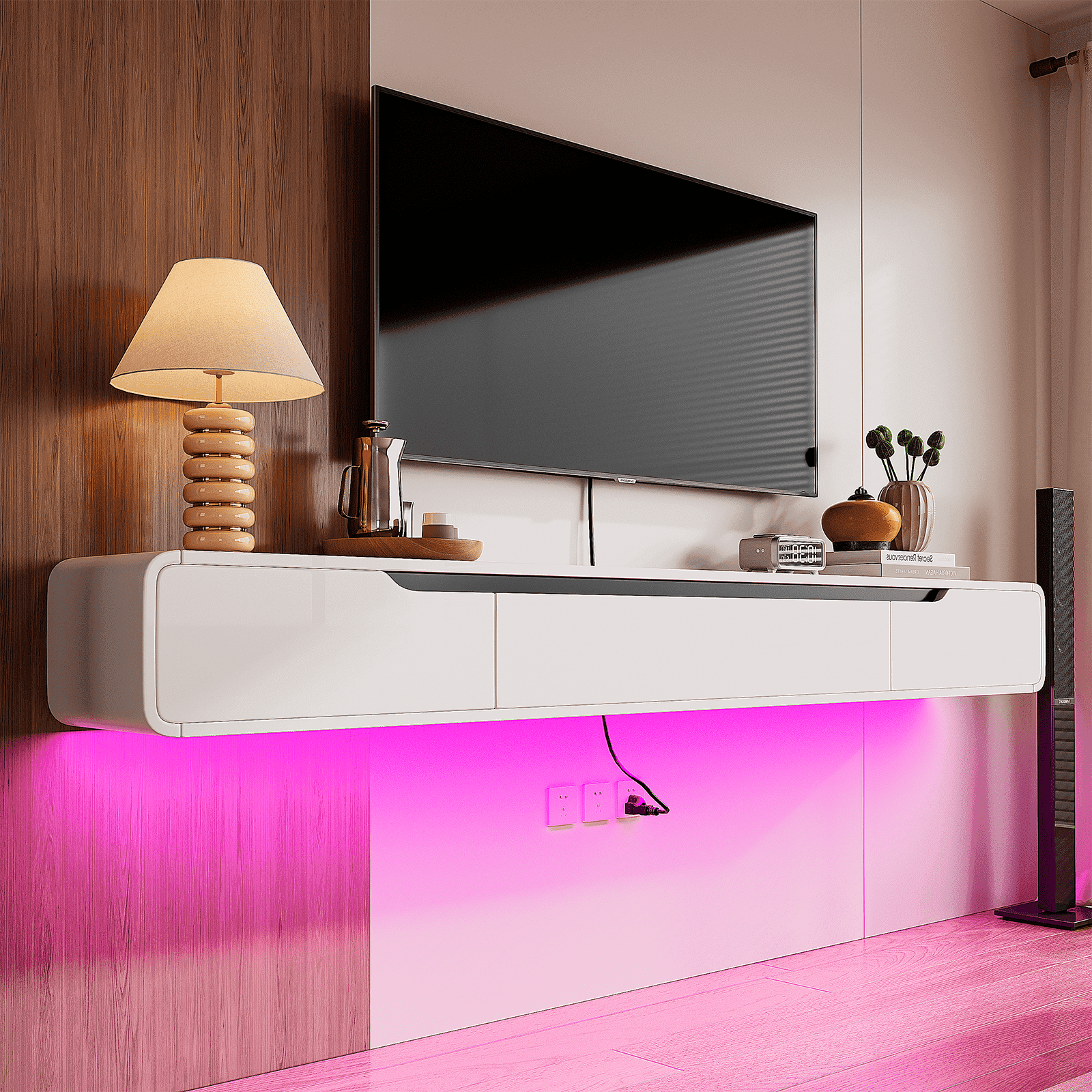 FloatiCasa 55-inch Fully Assembled High Gloss Floating TV Stand Wall Mounted TV Shelf for TVs up to 60" Modern Entertainment Center for Living Room Bedroom White
