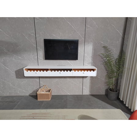 FloatiCasa 55-inch Fully Assembled Wall-Mounted TV Stand, High-Gloss Wave Glass Door & 2 Drawers, Floating Media Console for TVs up to 60", White