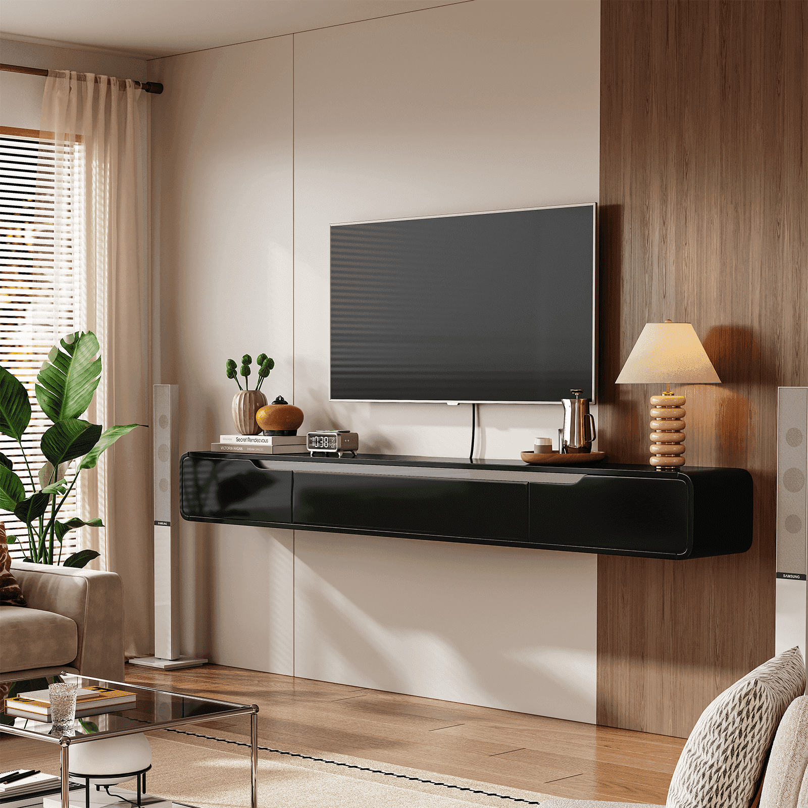 FloatiCasa 55-inch High Gloss Fully Assembled Floating TV Stand Wall-Mounted TV Console for TVs up to 60" Modern Entertainment Center with Storage