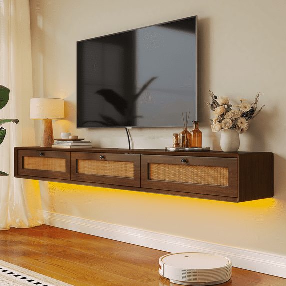 FloatiCasa 55-Inch Floating TV Stand, Hand-Made Rattan Cabinet, Three-Door Design, Wall-Mounted, for TVs up to 60",Entertainment Center Media Console