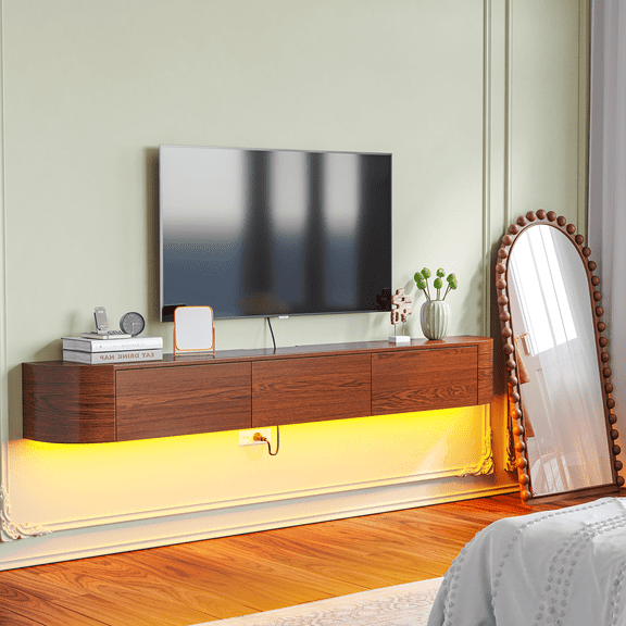 FloatiCasa 63-inch Fully Assembled Natural Wood Veneer Floating TV Stand Wall-Mounted Entertainment Center for TVs up to 70"