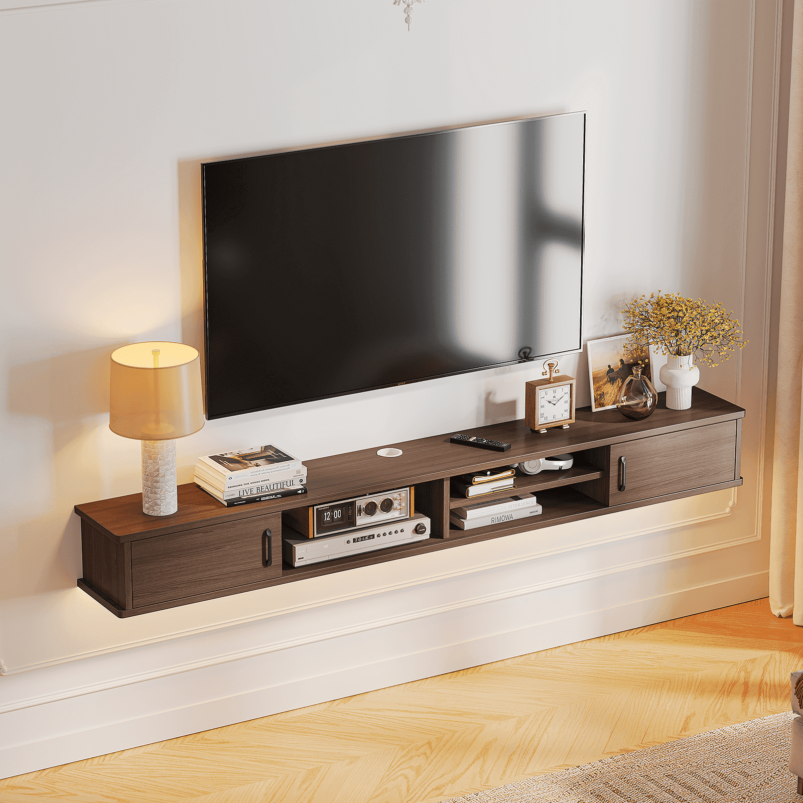 FloatiCasa 66-inch Floating TV Stand Wall Mounted Floating Media Console for TVs up to 70 inches Floating Entertainment Center(Walnut)