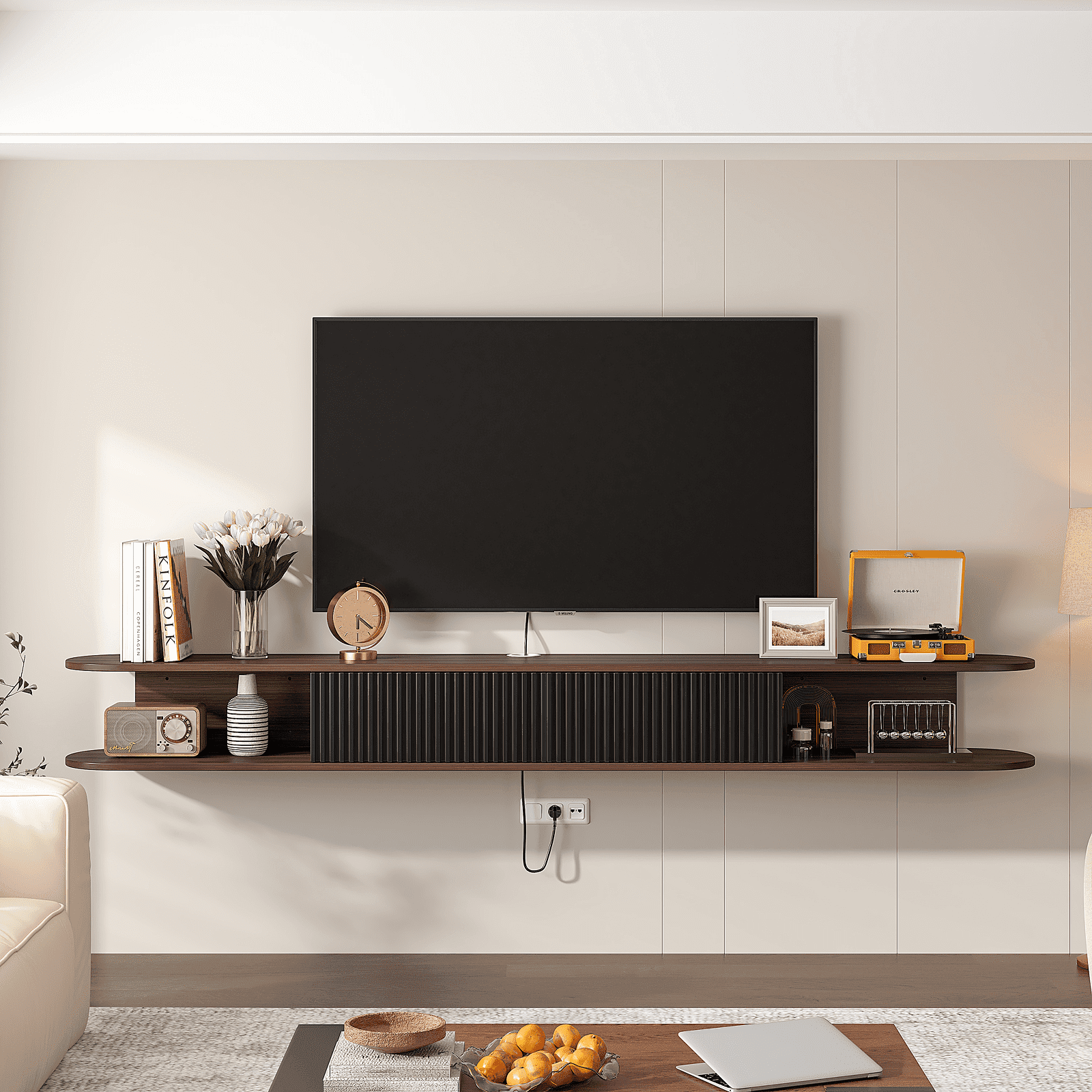 ​​FloatiCasa 70" Floating TV Stand Wall-Mounted Entertainment Center with 2 Doors and Vertical Groove Design for TVs up to 75" for Living Room and Bedroom, Walnut​​ and Black