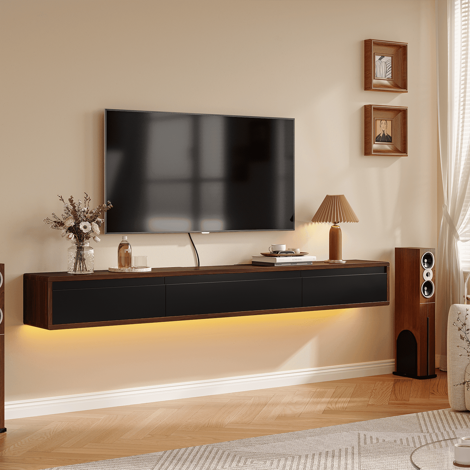 FloatiCasa 70" Floating TV Stand Wall Mounted Floating TV Shelf for TVs up to 75" Floating TV Console with 3 Flip-down Door