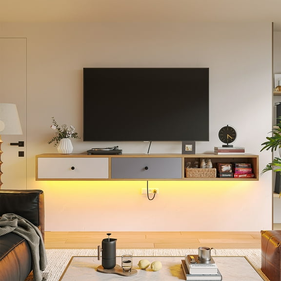 FloatiCasa 70" Floating TV Stand Wall-Mounted TV Shelf with 2 Doors Natural-color Floating TV Cabinet for TVs up to 75" Modern Entertainment Center