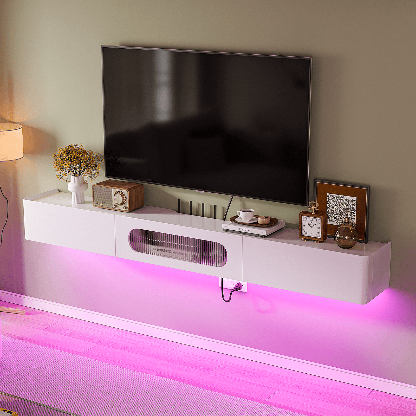 FloatiCasa 70 inch Fully Assembled High Gloss Floating TV Stand Wall-Mounted Entertainment Center for TVs up to 75"