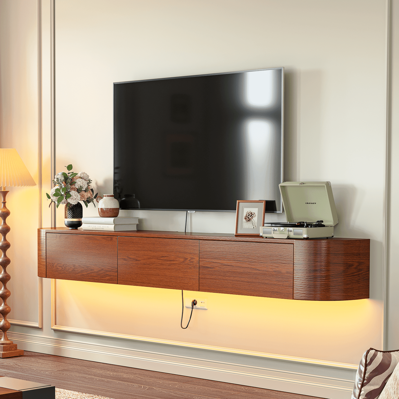 FloatiCasa 70-inch Fully Assembled Floating TV Stand Wall-Mounted Real Wood Veneer Entertainment Center for TVs up to 75"