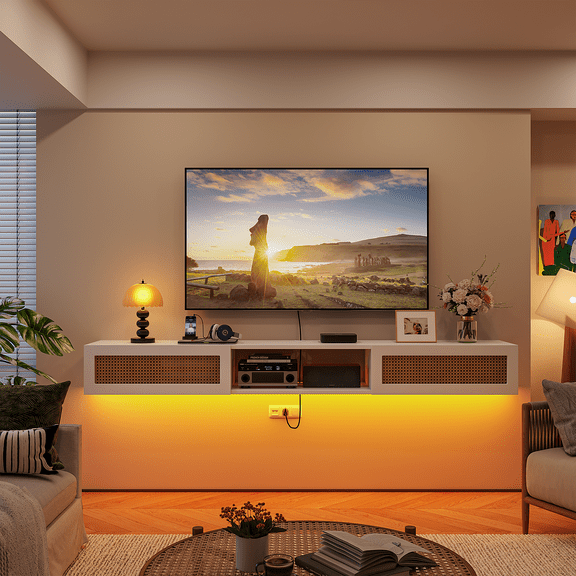 FloatiCasa 78" Floating TV Stand with Rattan Doors Wall Mounted Floating TV Shelf Floating Media Console for TVs up to 78" Under TV Shelf for Living Room, Bedroom