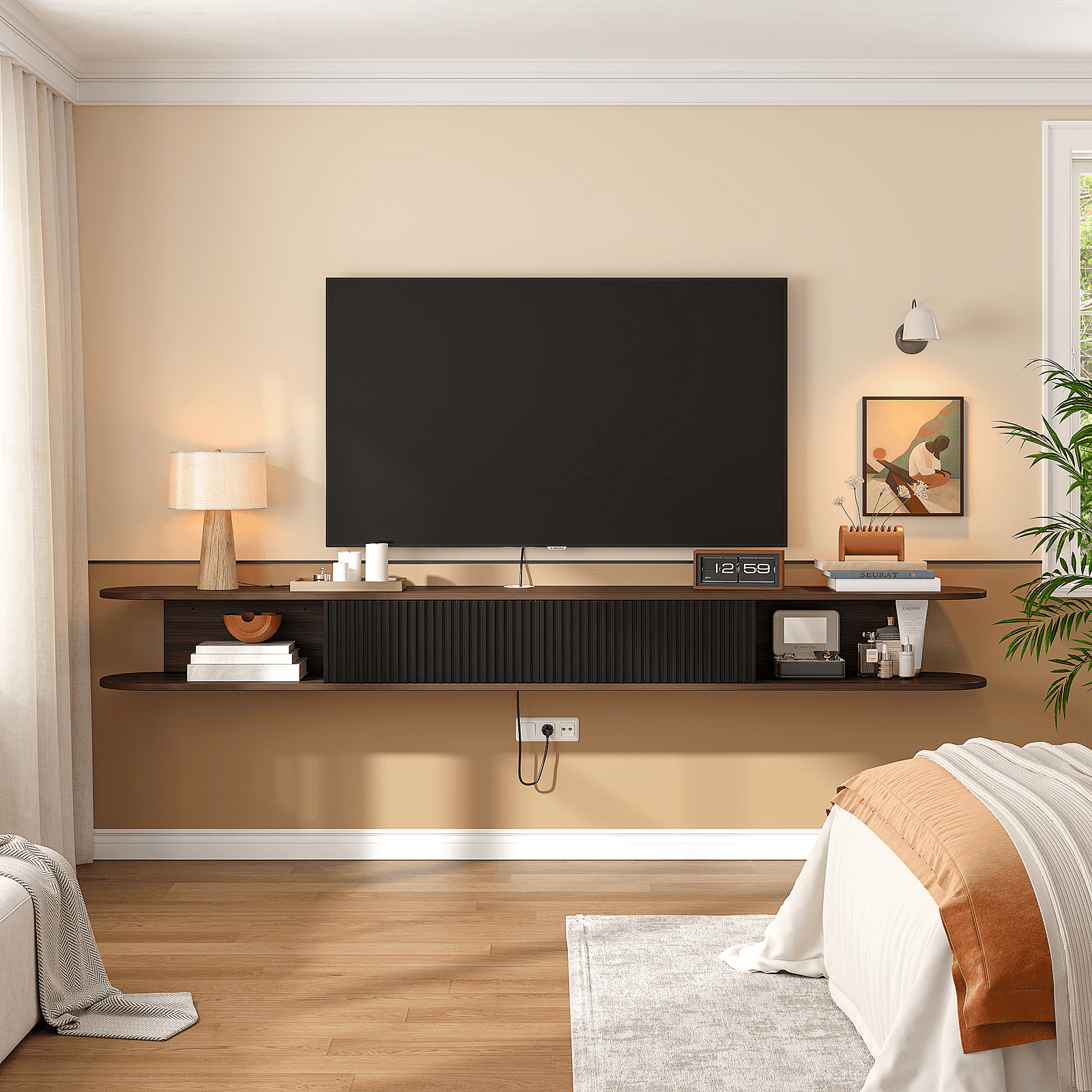 ​​FloatiCasa 78" Floating TV Stand Wall-Mounted Entertainment Center with 2 Doors and Vertical Groove Design for TVs up to 78" for Living Room and Bedroom, Walnut​​ and Black
