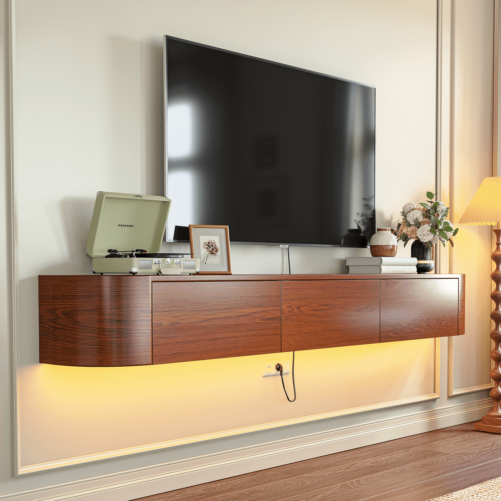 FloatiCasa 78 inch Fully Assembled Floating TV Stand Wall-Mounted Natural Wood Veneer Entertainment Center for TVs up to 78"