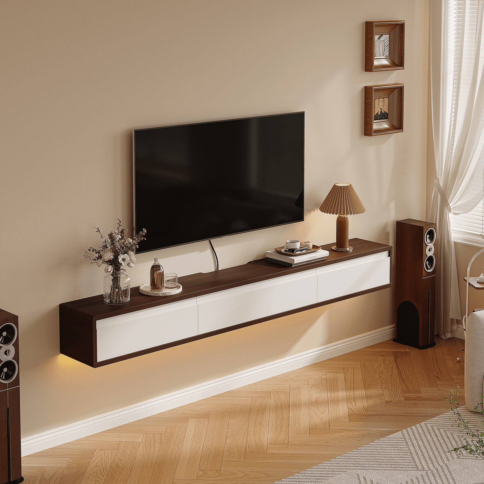 FloatiCasa 86" Floating TV Stand Wall Mounted Floating TV Shelf for TVs up to 90" Floating TV Console with 4 High Gloss Doors