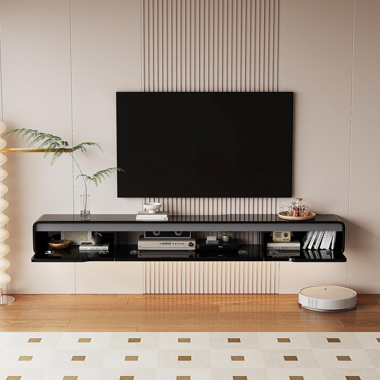FloatiCasa 86-Inch High Gloss Floating TV Stand, Wall-Mounted Entertainment Center, for TVs up to 90"