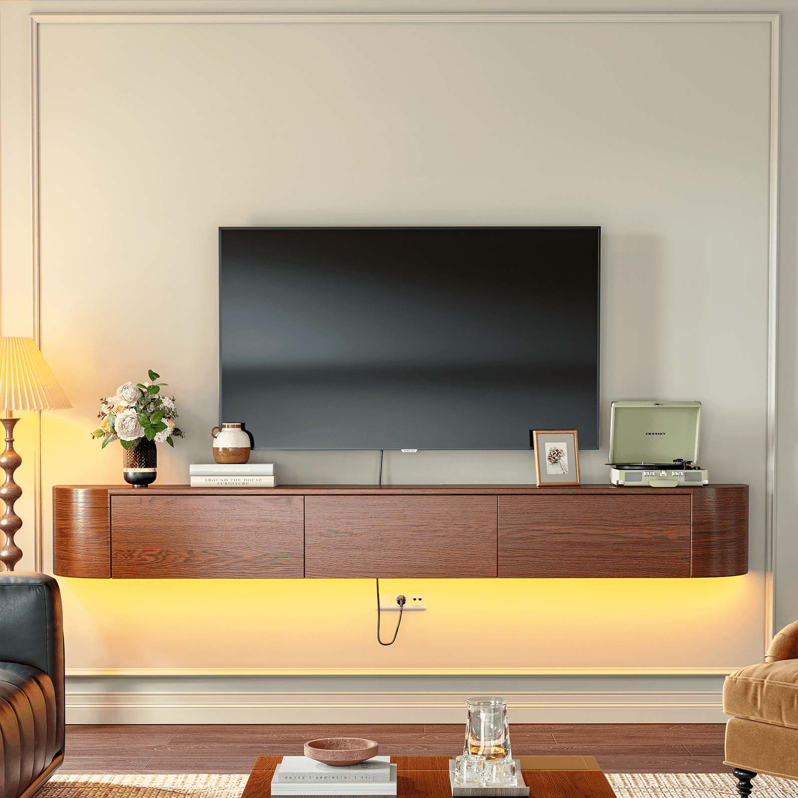 FloatiCasa 94-inch Fully Assembled Floating TV Stand Wall-Mounted Natural Wood Veneer Entertainment Center for TVs up to 100"