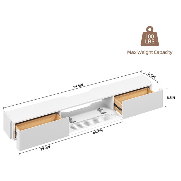 FloatiCasa 94-Inch Fully Assembled High Gloss Floating TV Stand, Wall-Mounted Entertainment Center with 1 Door & 2 Drawers, for TVs up to 94", White