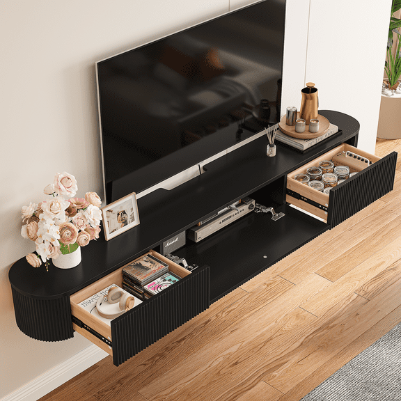 FloatiCasa 94-inch Floating TV Stand Wall-Mounted Media Console with Vertical Groove Design, for TVs up to 100 inches, Fully Assembled(Black)