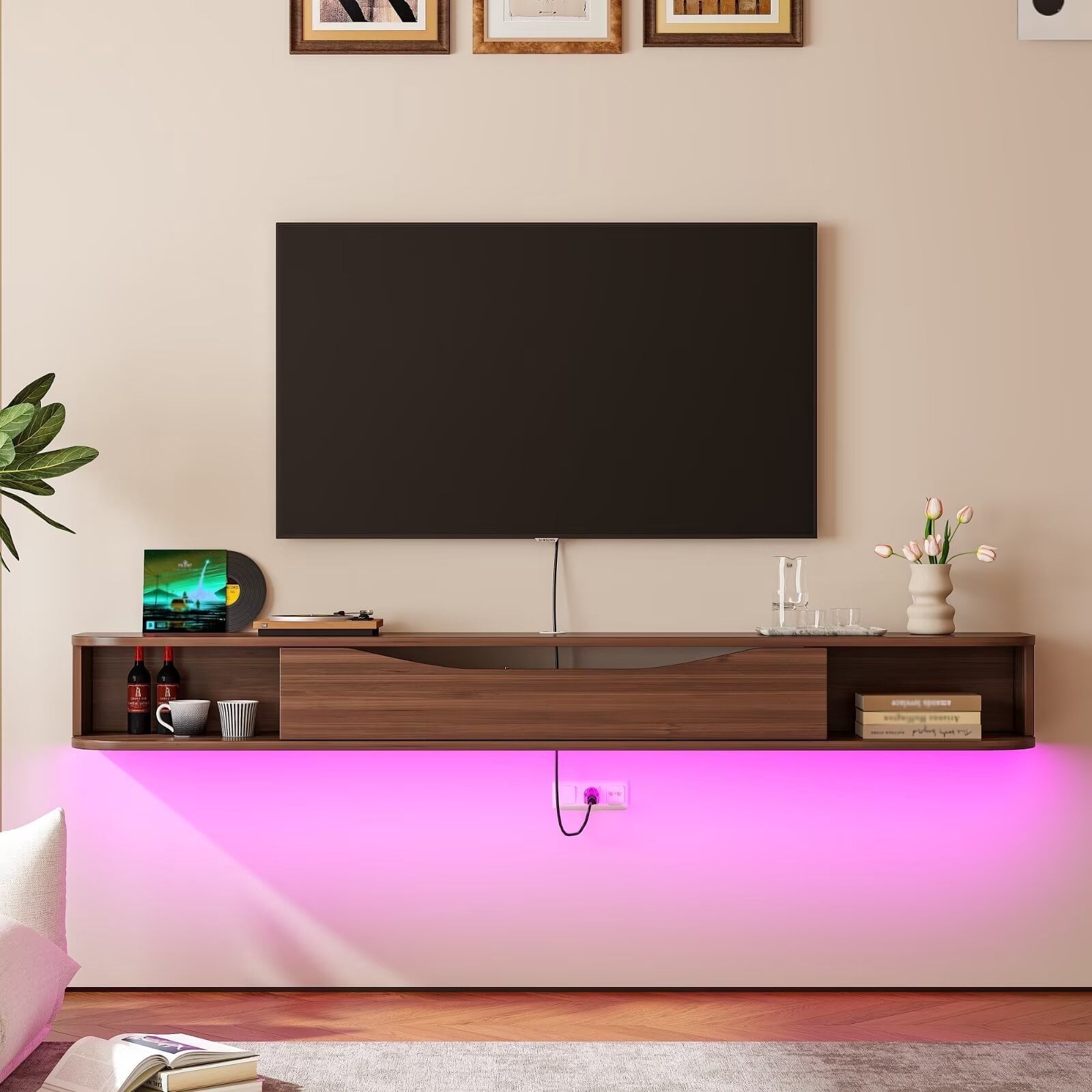 FloatiCasa 55 inch Floating TV Stand Wall Mounted TV Shelf for TVs up to 60" Wood Grain Entertainment Center(Walnut)