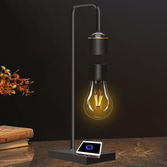 Floatidea Magnetic Levitating Light Bulb with Luxury Wireless Charging Pad (Apple/Android) Levitation Plastic Black Floating Table Lamp White LED Night Light for Bedrooms Desk Toys Office Gifts Y101