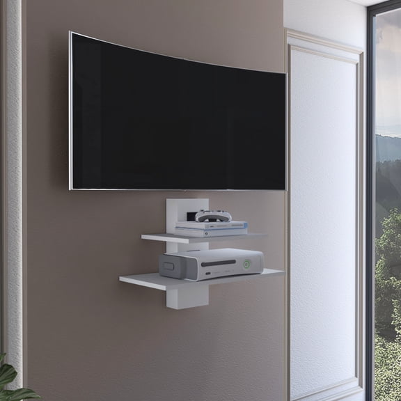 Floating 2 Tier Wall Shelving Unit | Maximizes Wall Space in Living Room, Holds Decor | Engineered Wood Main Body | Organizes Cables and Keeps Items Tidy