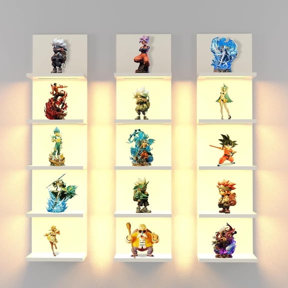 Floating 5 Tier Wall Shelves with Light, White Modern Column Design, Functional Storage Display, Great for Bedroom and Living Room