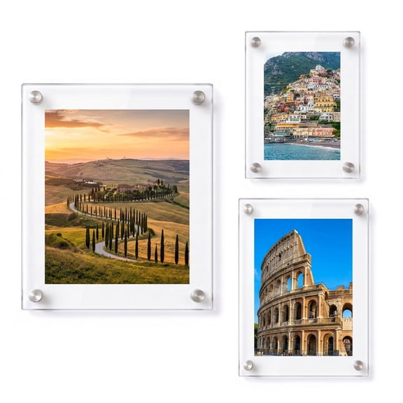 Floating Acrylic Gallery Wall Frame Set with 1" Standoff Hardware, 8" x 10", 11" x 14" & 16" x 20", 3-Piece Set
